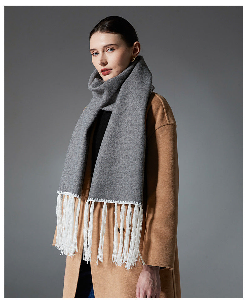 Gray Contrast Edge & Tassel Scarf - Chic Autumn/Winter Neckwear (190x30cm) - Image 3