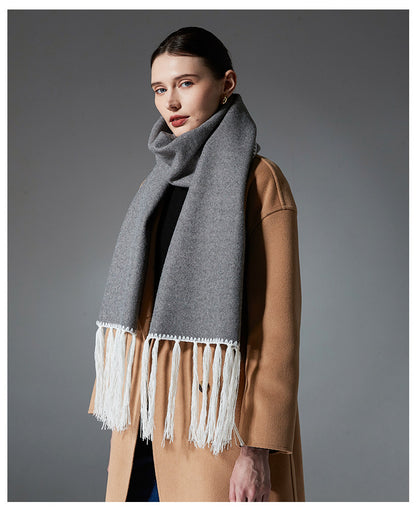 Gray Contrast Edge & Tassel Scarf - Chic Autumn/Winter Neckwear (190x30cm) - Image 3
