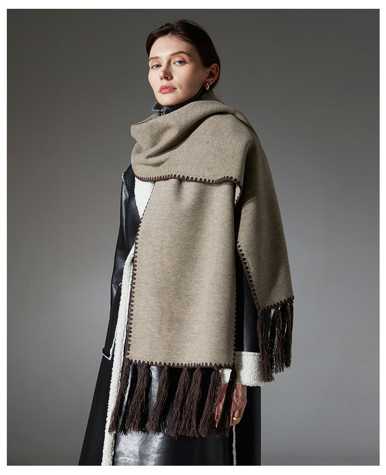 Dark brown Contrast Edge & Tassel Scarf - Chic Autumn/Winter Neckwear (190x30cm) - Image 2