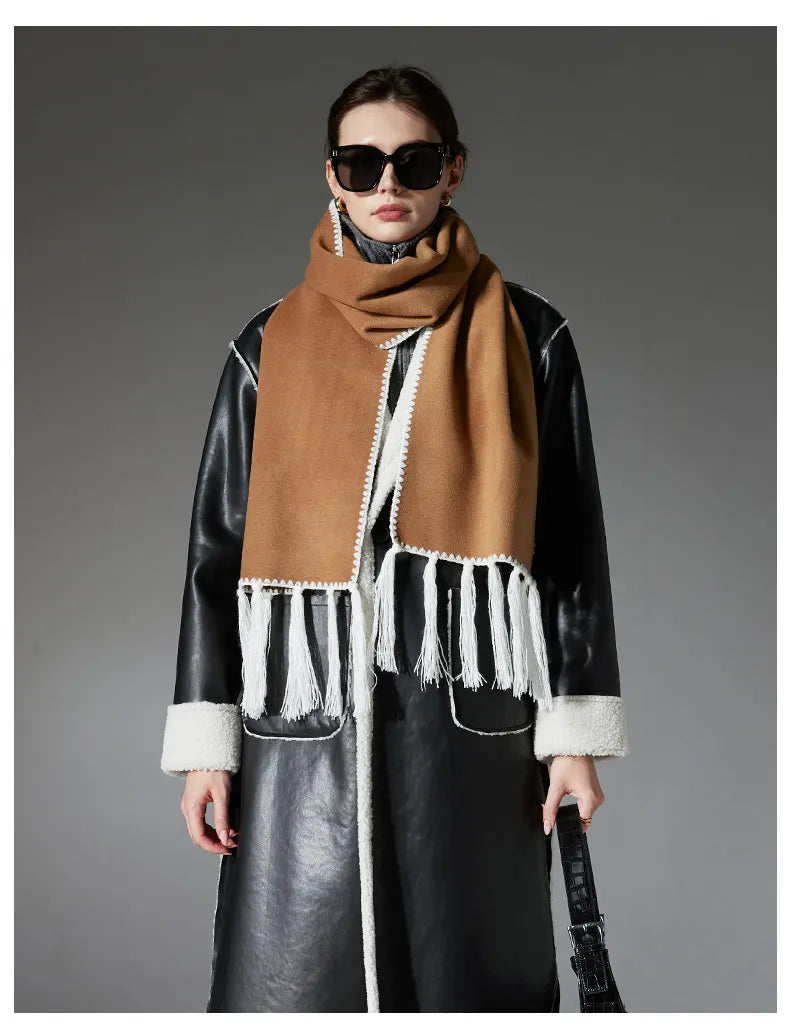 Camel Contrast Edge & Tassel Scarf - Chic Autumn/Winter Neckwear (190x30cm)
