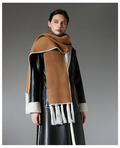 Camel Contrast Edge & Tassel Scarf - Chic Autumn/Winter Neckwear (190x30cm) - Image 2