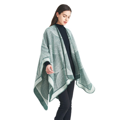 Green Geometric Print Cape - Cozy Knit Poncho for Women (165x130cm) - Image 2