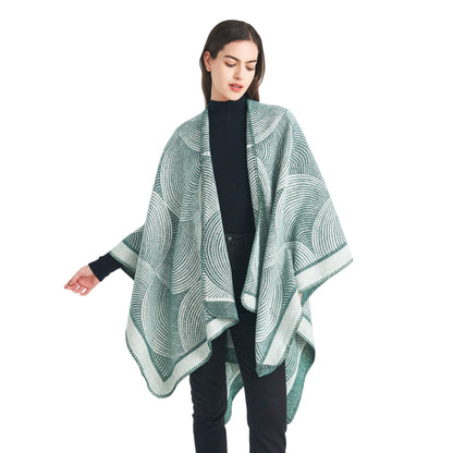 Green Geometric Print Cape - Cozy Knit Poncho for Women (165x130cm) - Image 3