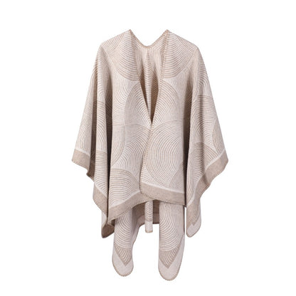 Khaki Geometric Print Cape - Cozy Knit Poncho for Women (165x130cm)