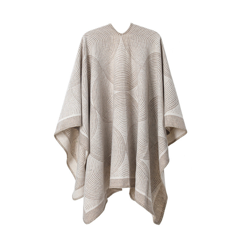 Khaki Geometric Print Cape - Cozy Knit Poncho for Women (165x130cm) - Image 2