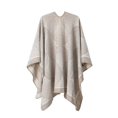 Khaki Geometric Print Cape - Cozy Knit Poncho for Women (165x130cm) - Image 2