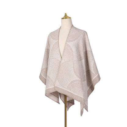 Khaki Geometric Print Cape - Cozy Knit Poncho for Women (165x130cm) - Image 3