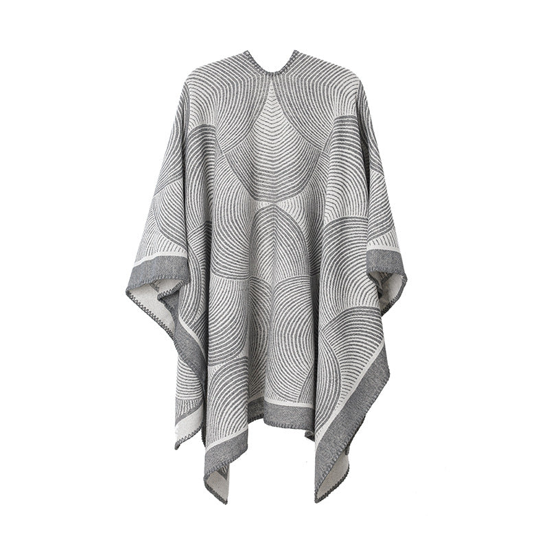 Grey Geometric Print Cape - Cozy Knit Poncho for Women (165x130cm) - Image 2