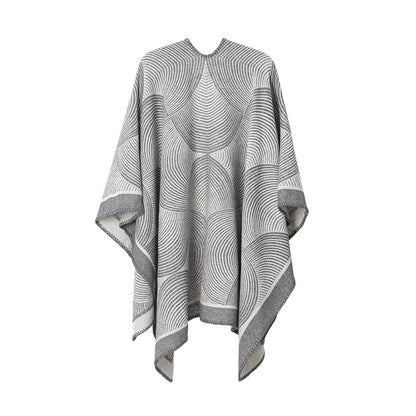 Grey Geometric Print Cape - Cozy Knit Poncho for Women (165x130cm) - Image 2