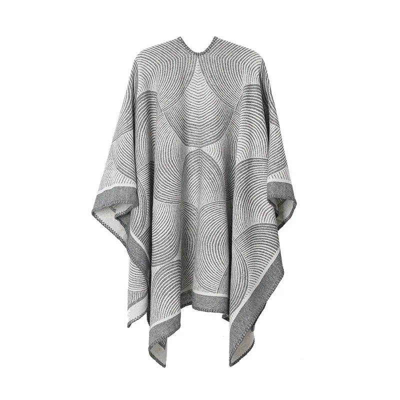 Grey Geometric Print Cape - Cozy Knit Poncho for Women (165x130cm) - Image 2