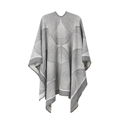 Grey Geometric Print Cape - Cozy Knit Poncho for Women (165x130cm) - Image 2