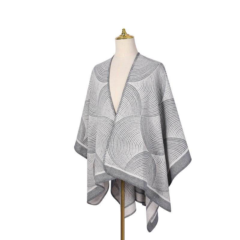Grey Geometric Print Cape - Cozy Knit Poncho for Women (165x130cm) - Image 3