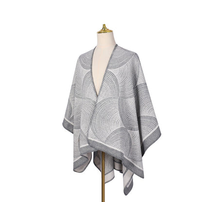 Grey Geometric Print Cape - Cozy Knit Poncho for Women (165x130cm) - Image 3