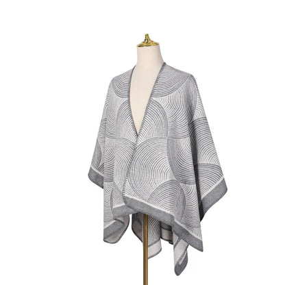 Grey Geometric Print Cape - Cozy Knit Poncho for Women (165x130cm) - Image 3