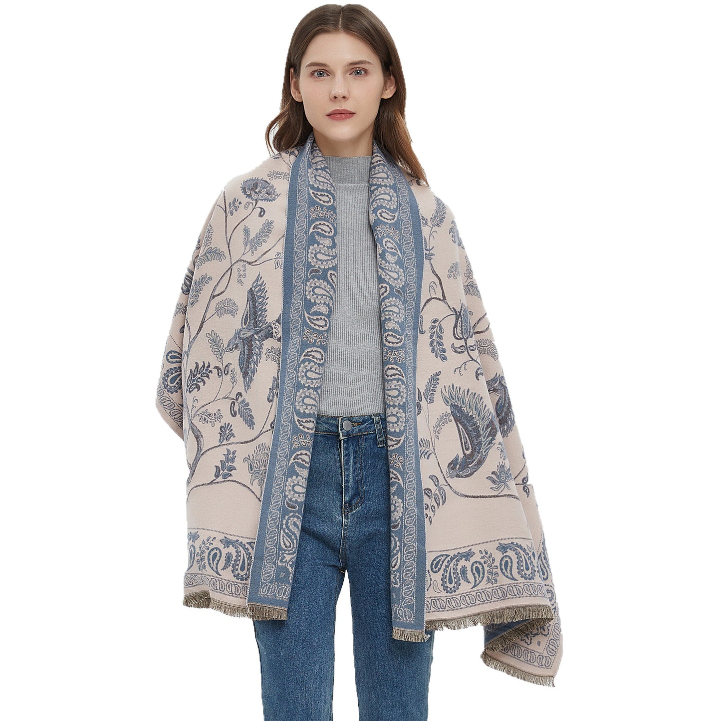 Women's Soft Jacquard Shawl - Paisley & Bird Floral Print Scarf(190x65cm) - Image 3