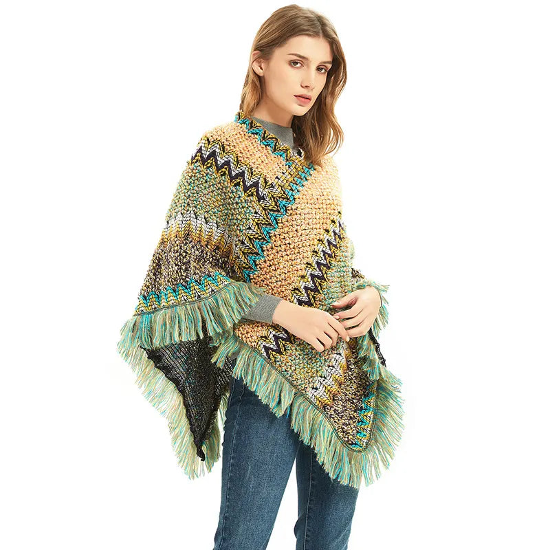 Light yellow-green Lightweight Chevron Knit Poncho for Women - Elegant Fringed Shawl Wrap