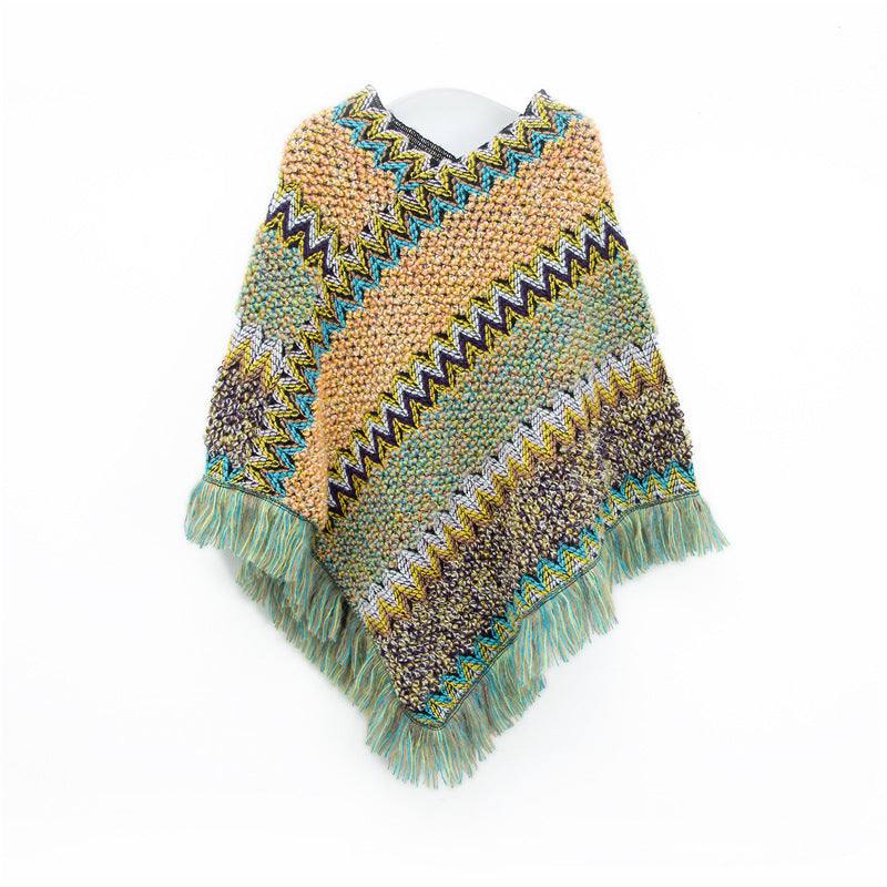 Light yellow-green Lightweight Chevron Knit Poncho for Women - Elegant Fringed Shawl Wrap - Image 2