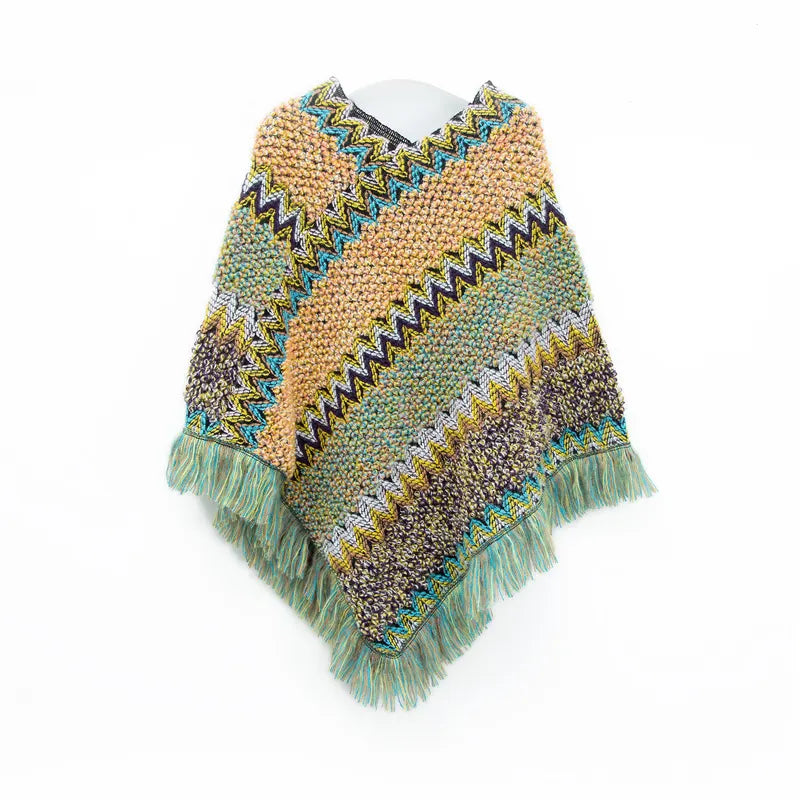 Light yellow-green Lightweight Chevron Knit Poncho for Women - Elegant Fringed Shawl Wrap - Image 2