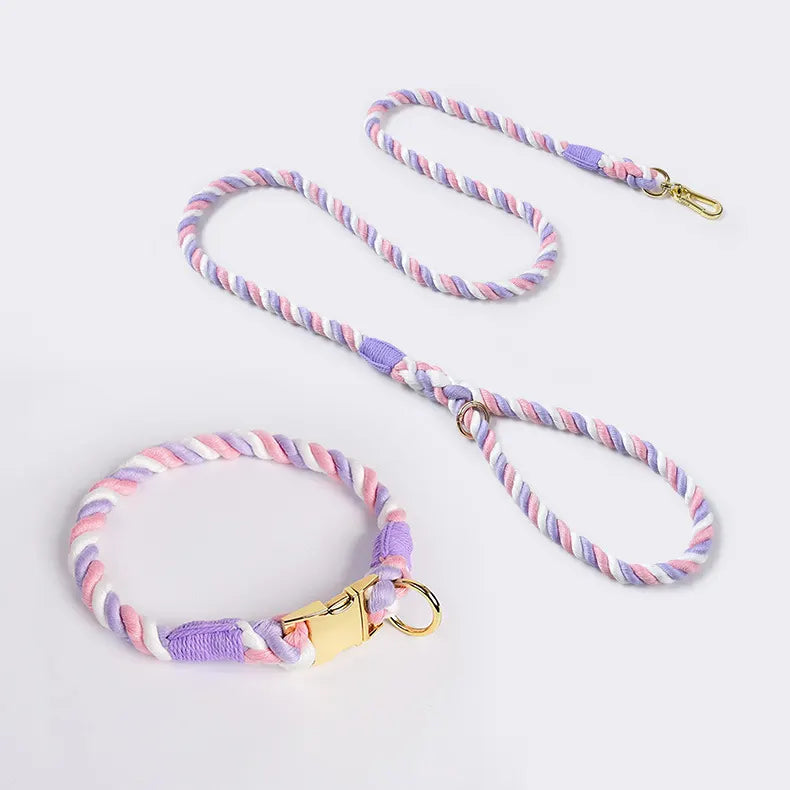 Handmade Gradient Rope Dog Collar & Leash Set - Colorful Braided Cotton (Pink purple - Size S)