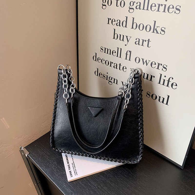 Black Chic PU Leather Shoulder Bag with Chain Strap & Whipstitch Detail - Image 2