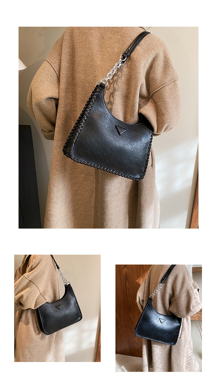 Black Chic PU Leather Shoulder Bag with Chain Strap & Whipstitch Detail - Image 3