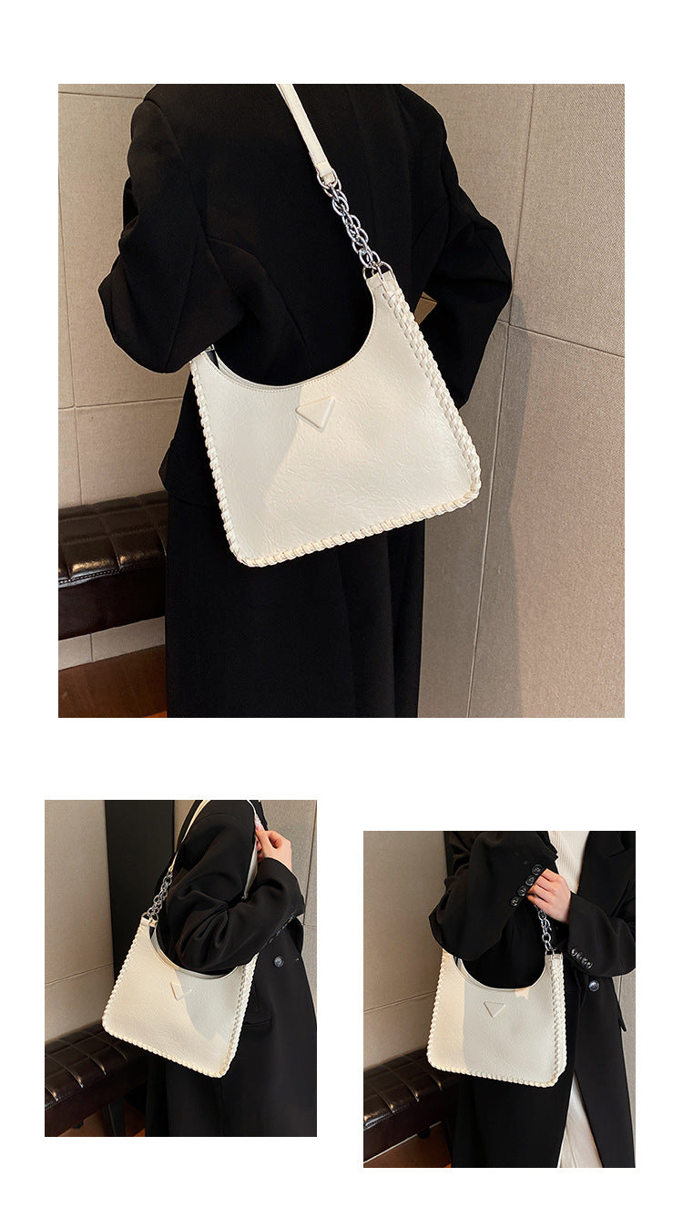 Beige Chic PU Leather Shoulder Bag with Chain Strap & Whipstitch Detail - Image 2
