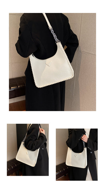 Beige Chic PU Leather Shoulder Bag with Chain Strap & Whipstitch Detail - Image 2