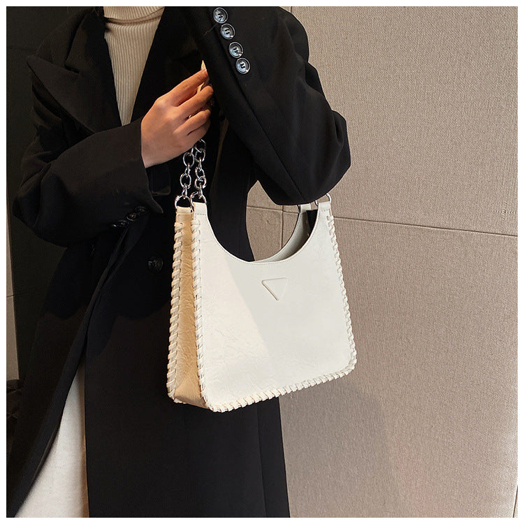 Beige Chic PU Leather Shoulder Bag with Chain Strap & Whipstitch Detail - Image 3