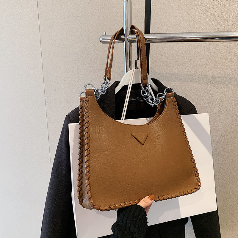 Brown Chic PU Leather Shoulder Bag with Chain Strap & Whipstitch Detail - Image 2