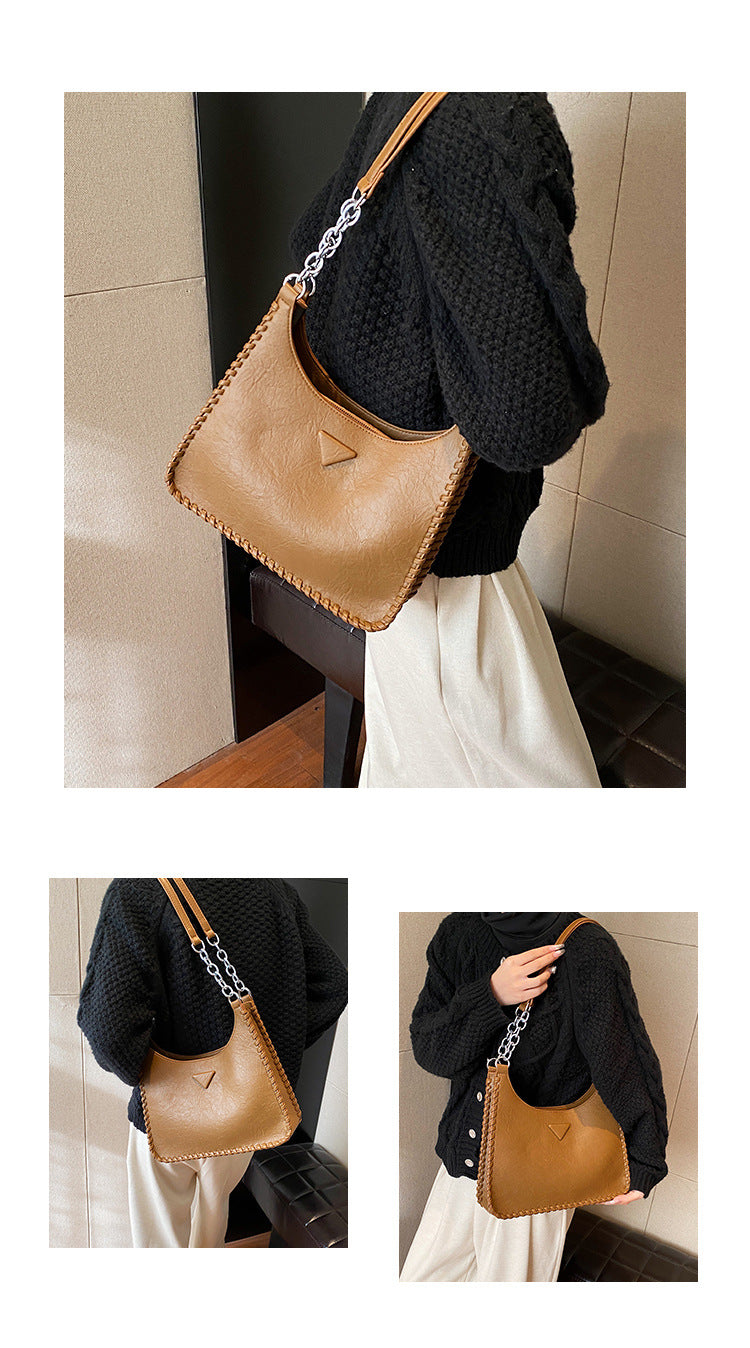 Brown Chic PU Leather Shoulder Bag with Chain Strap & Whipstitch Detail - Image 3