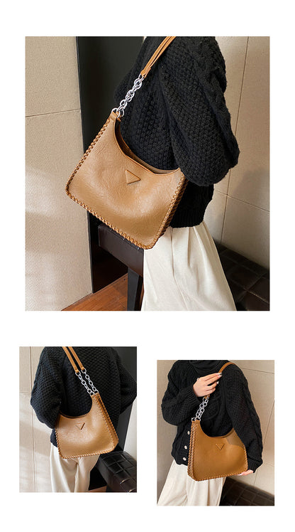Brown Chic PU Leather Shoulder Bag with Chain Strap & Whipstitch Detail - Image 3