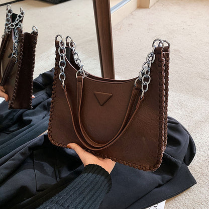 Coffee Chic PU Leather Shoulder Bag with Chain Strap & Whipstitch Detail - Image 2