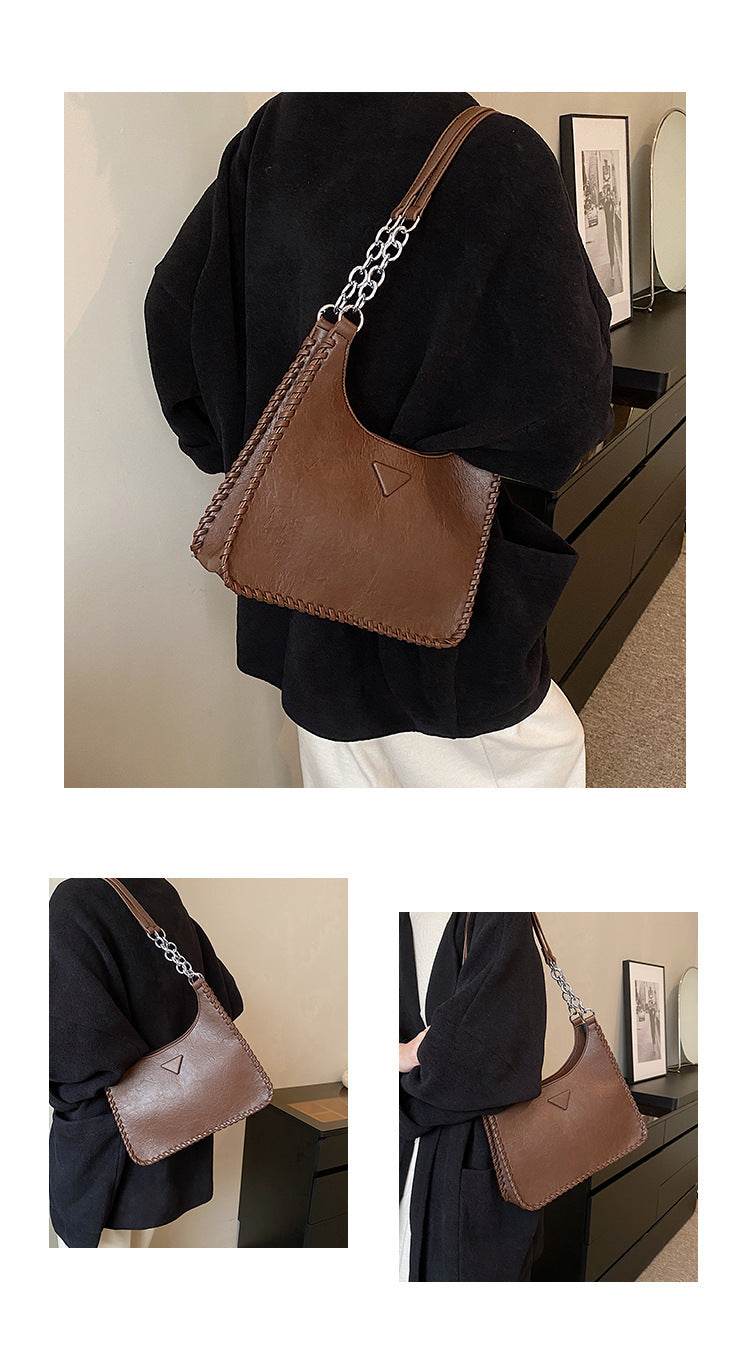 Coffee Chic PU Leather Shoulder Bag with Chain Strap & Whipstitch Detail - Image 3
