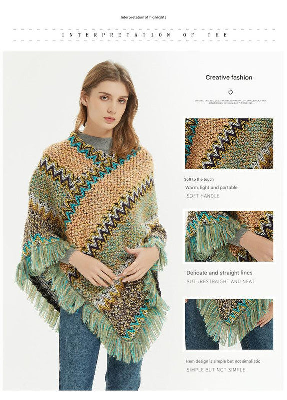 Purple yellow Lightweight Chevron Knit Poncho for Women - Elegant Fringed Shawl Wrap - Image 3