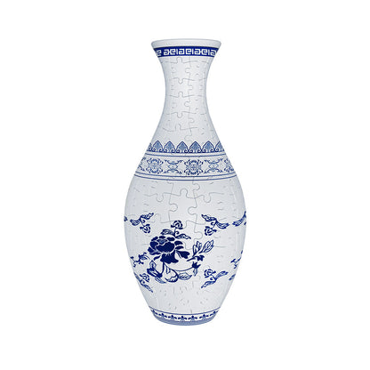 Unique 3D Puzzle Vase with Built-in Water Holder - Fun DIY Project (Blue and White)
