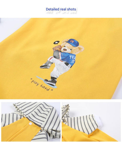 Autumn/Winter Dog Clothes - Yellow Hoodie with Striped Hood & Baseball Bear (Size - L) - Image 3