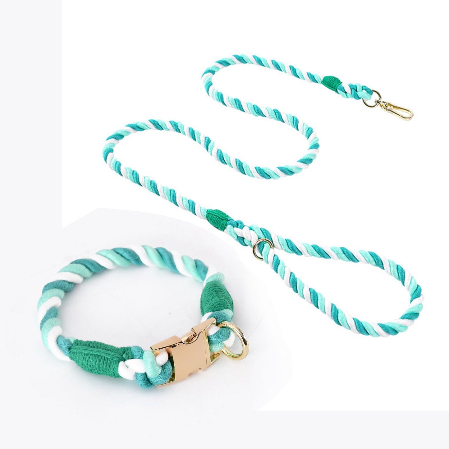 Handmade Rope Dog Collar and Leash Set - Colorful Woven Cotton (Light green - Size L)