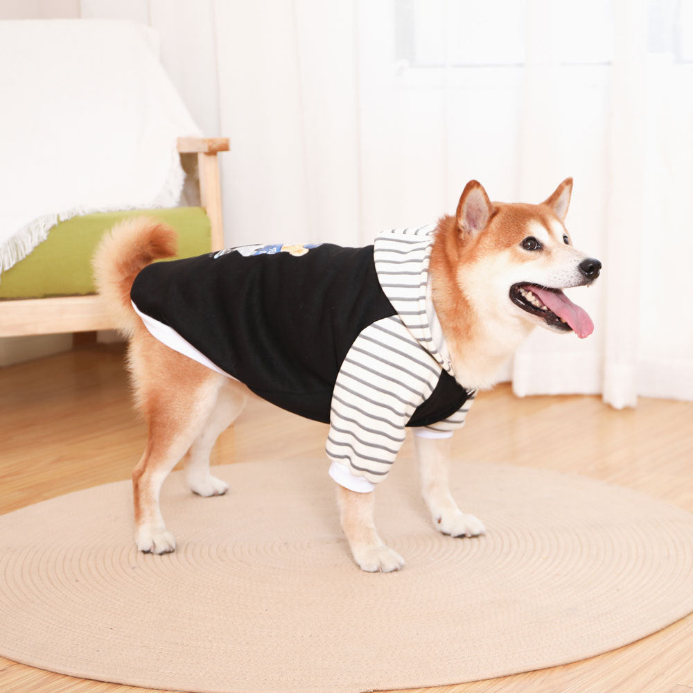 Autumn/Winter Dog Clothes - Black Hoodie with Striped Hood & Baseball Bear (Size - 2XL)