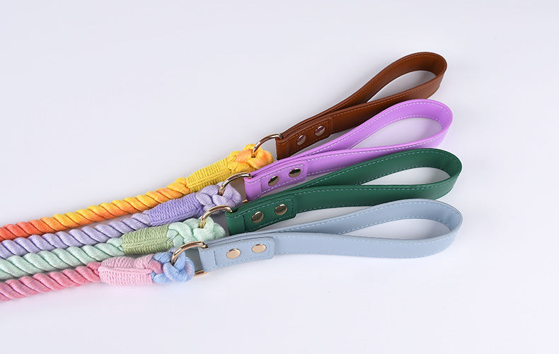Premium Leather Pet Collar and Leash - Soft, Strong Braided Rope (Pink Purple - Size M) - Image 4