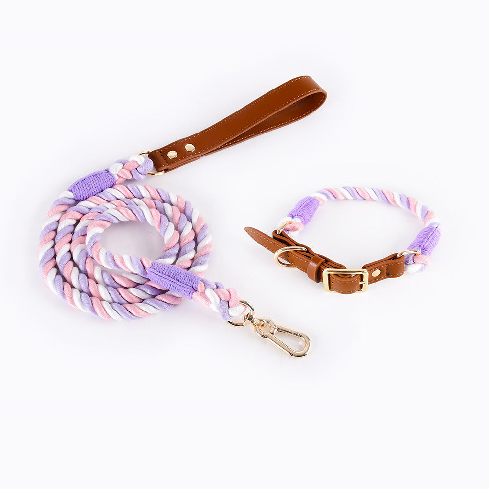 Premium Leather Pet Collar and Leash - Soft, Strong Braided Rope (Pink Purple - Size S)