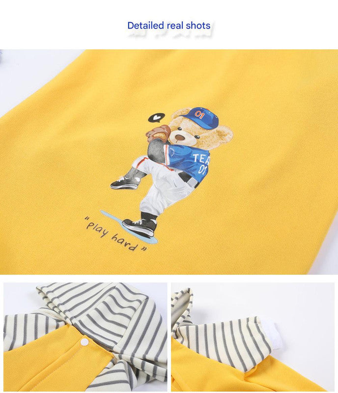 Autumn/Winter Dog Clothes - Grey Hoodie with Striped Hood & Baseball Bear (Size - 5XL) - Image 3