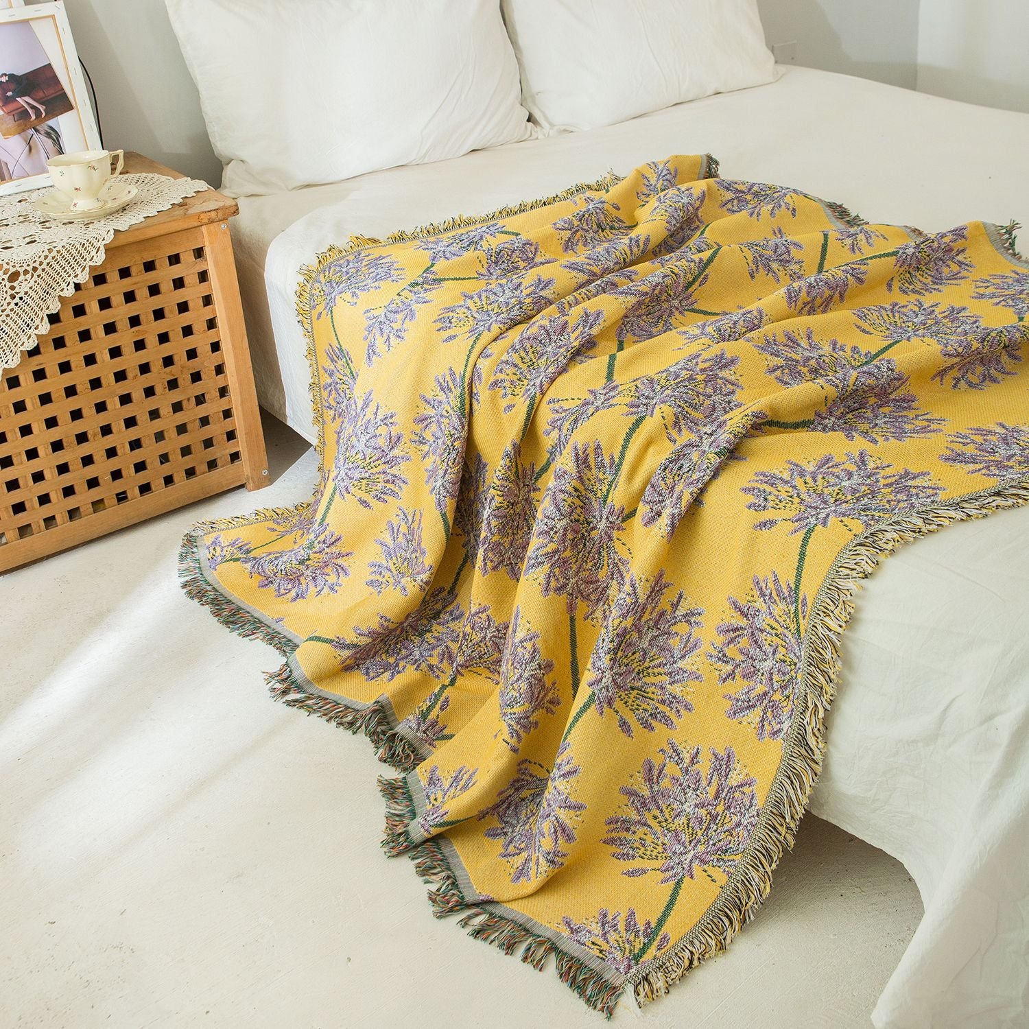 Yellow & Purple  Floral Woven Throw Blanket -  Chic Botanical Print with Tassels, Cotton Blend Sofa & Bed Cover - Image 2