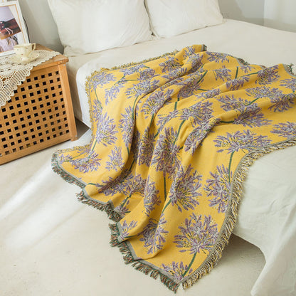 Yellow & Purple  Floral Woven Throw Blanket -  Chic Botanical Print with Tassels, Cotton Blend Sofa & Bed Cover - Image 2