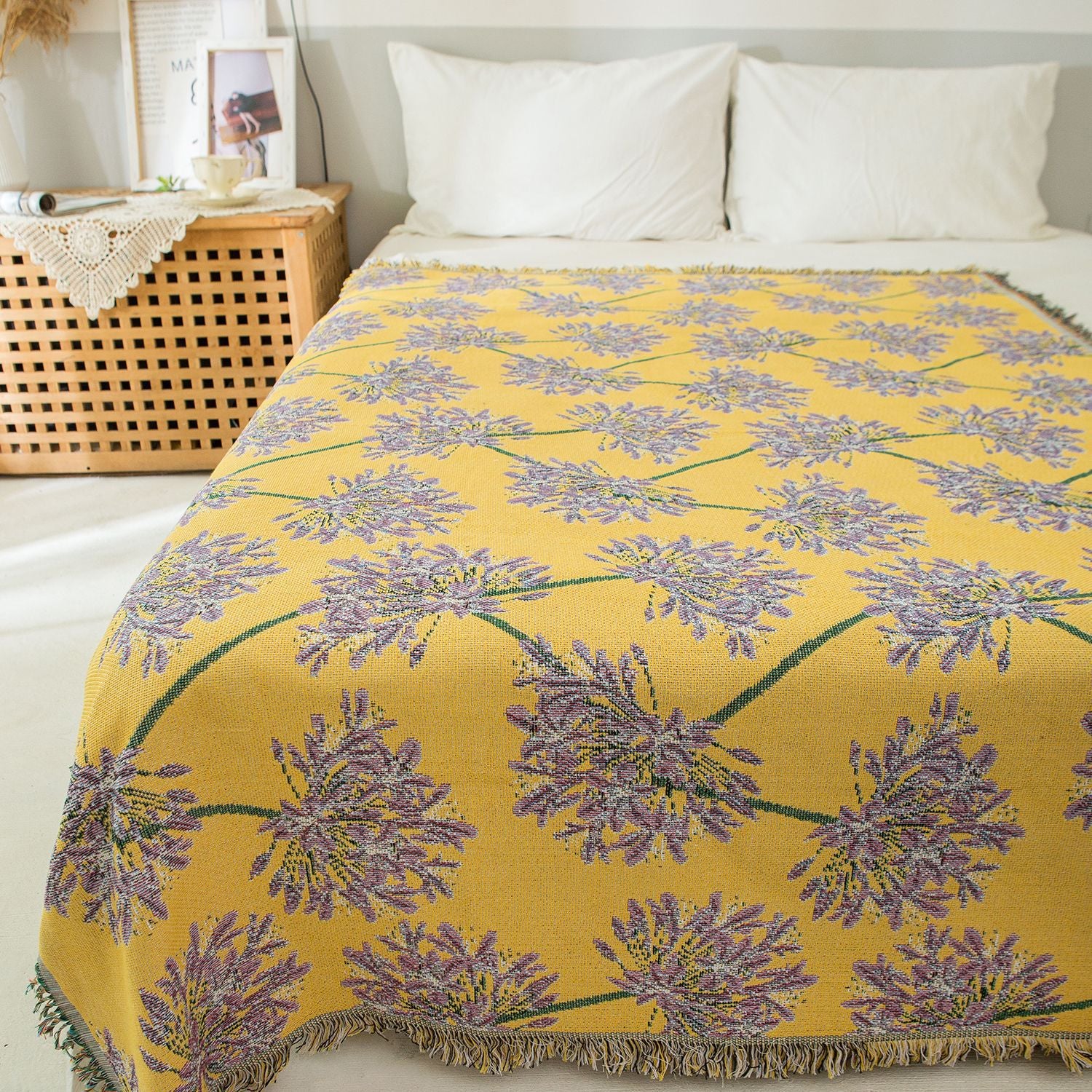Yellow & Purple  Floral Woven Throw Blanket -  Chic Botanical Print with Tassels, Cotton Blend Sofa & Bed Cover - Image 3