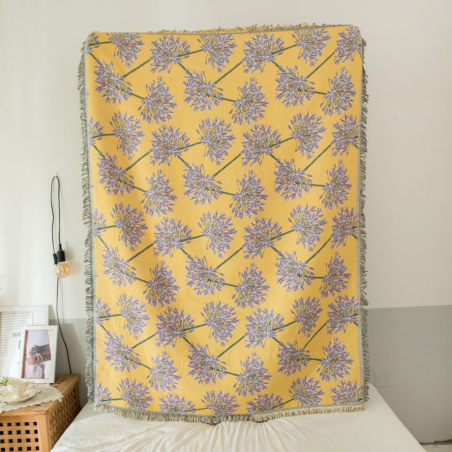 Yellow & Purple  Floral Woven Throw Blanket -  Chic Botanical Print with Tassels, Cotton Blend Sofa & Bed Cover - Image 4