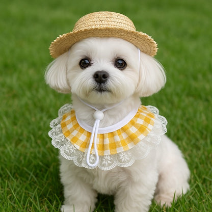 Khaki and Yellow 2 Sets Adorable Porch Goose & Small Pet Costume Set - 2 Summer Straw Hat & 2 Gingham Bib - Image 3