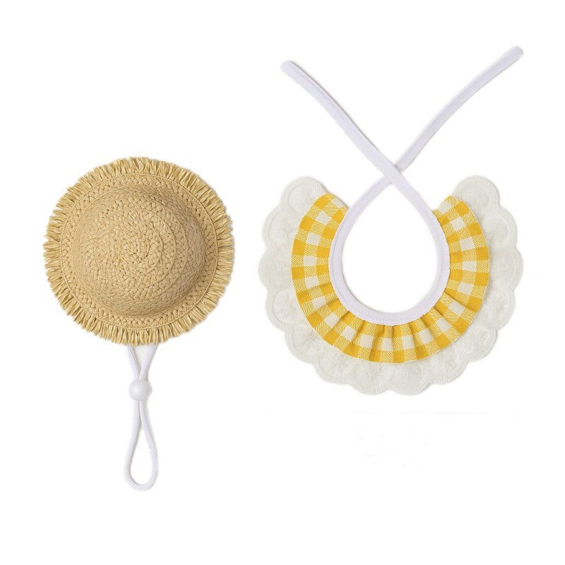 Khaki and Yellow 2 Sets Adorable Porch Goose & Small Pet Costume Set - 2 Summer Straw Hat & 2 Gingham Bib - Image 4