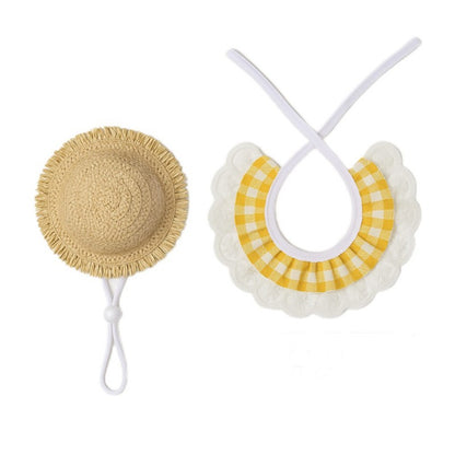 Khaki and Yellow 2 Sets Adorable Porch Goose & Small Pet Costume Set - 2 Summer Straw Hat & 2 Gingham Bib - Image 4