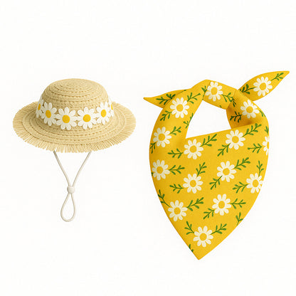 2 Sets Khaki and Yellow Daisy Delight Porch Goose & Small Pet Costume - 2 Summer Straw Hat & 2 Floral Bandana Set - Image 2