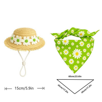 2 Sets Khaki and Yellow Daisy Delight Porch Goose & Small Pet Costume - 2 Summer Straw Hat & 2 Floral Bandana Set - Image 4